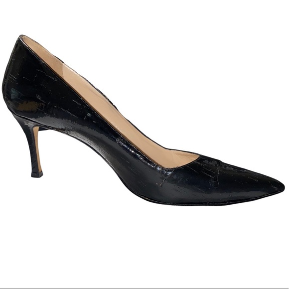 Manolo Blahnik Textured Black Patent Pointed Toe 3” Heel Leather Pumps Size 39 - Picture 3 of 16